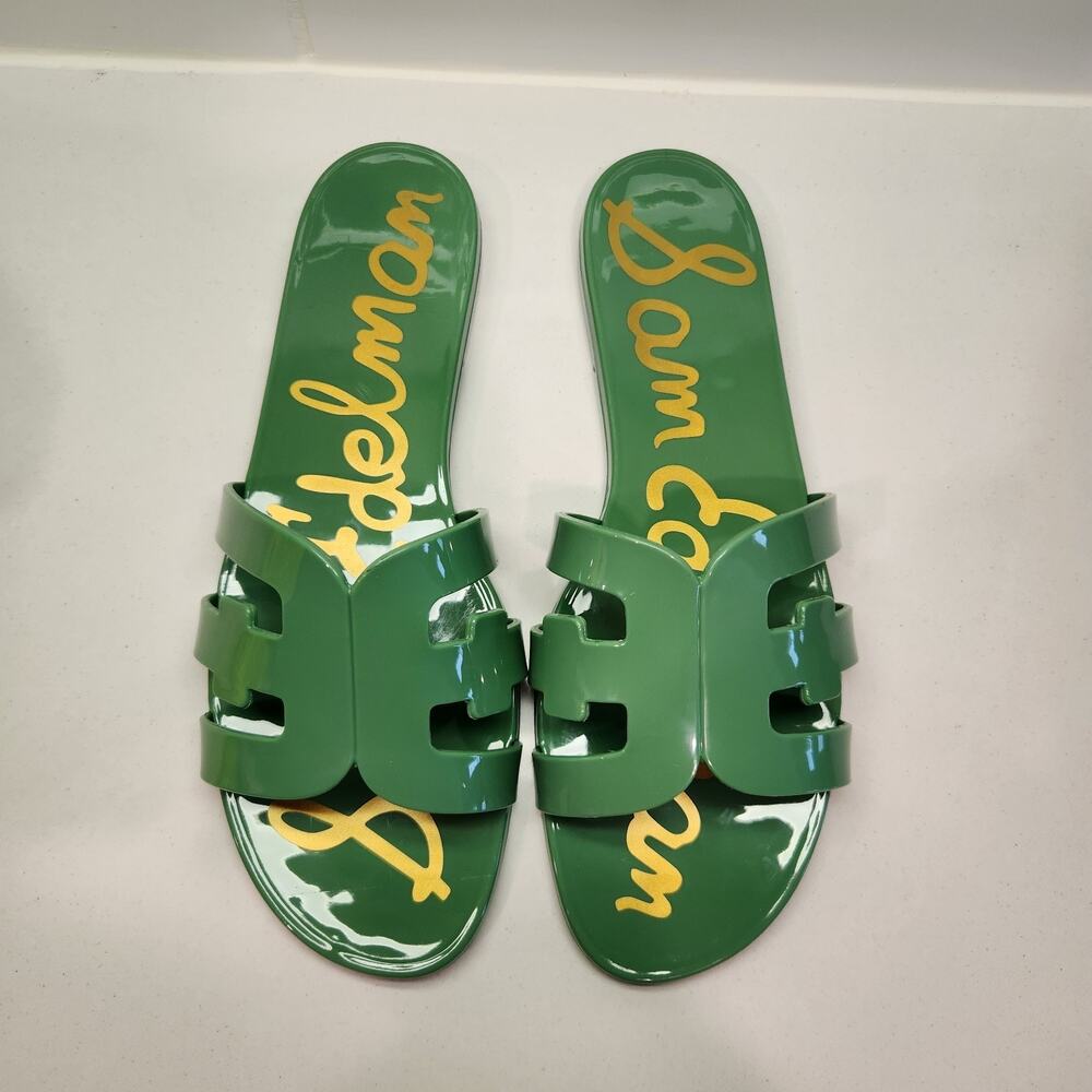 Sam Edelman Bay Green Jelly Slide Sandals Womens Size 11 Gold Logo H Cutout